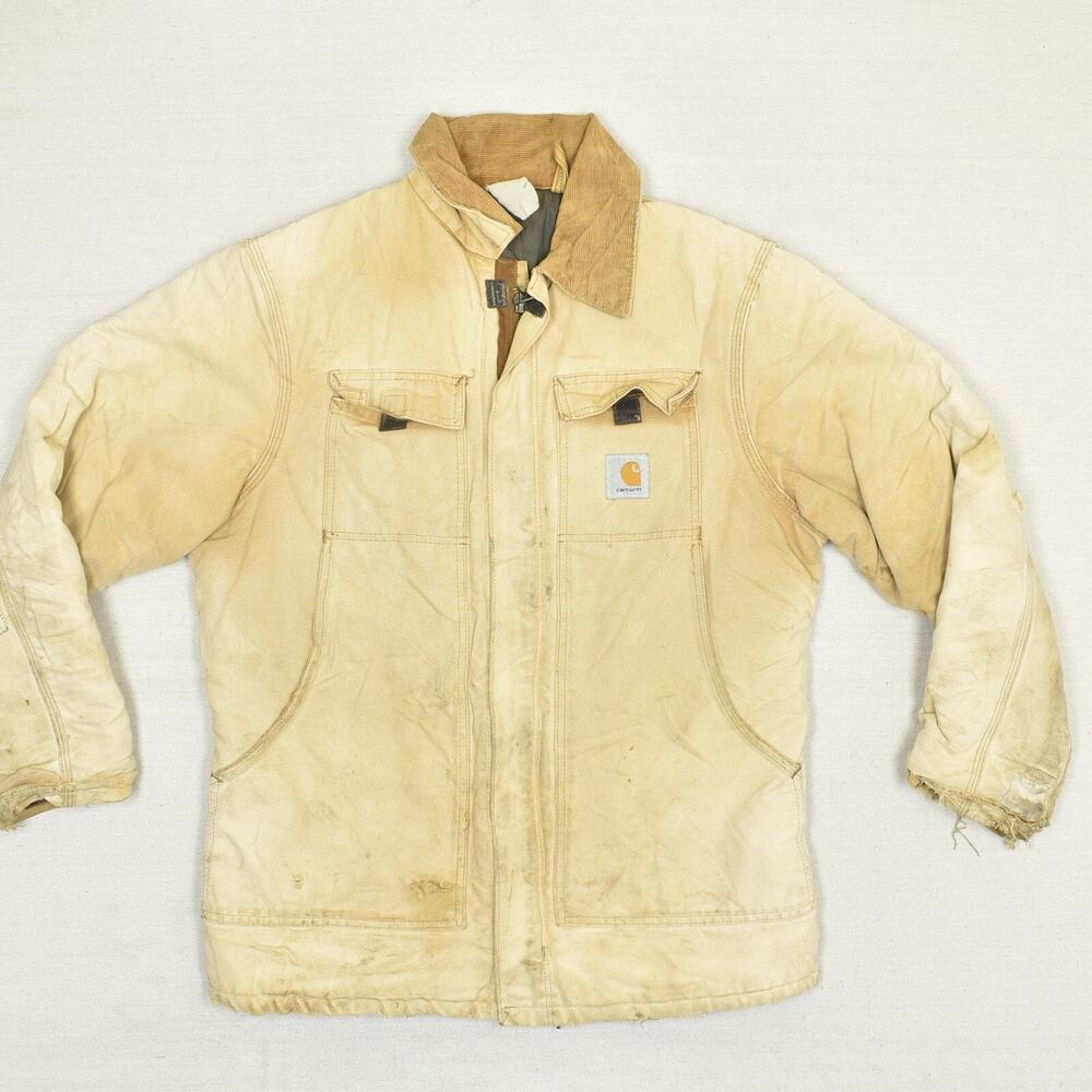 VTG Carhartt Men's Canvas Jacket Quilted Lined Cotton Brown Size L Stained Patch